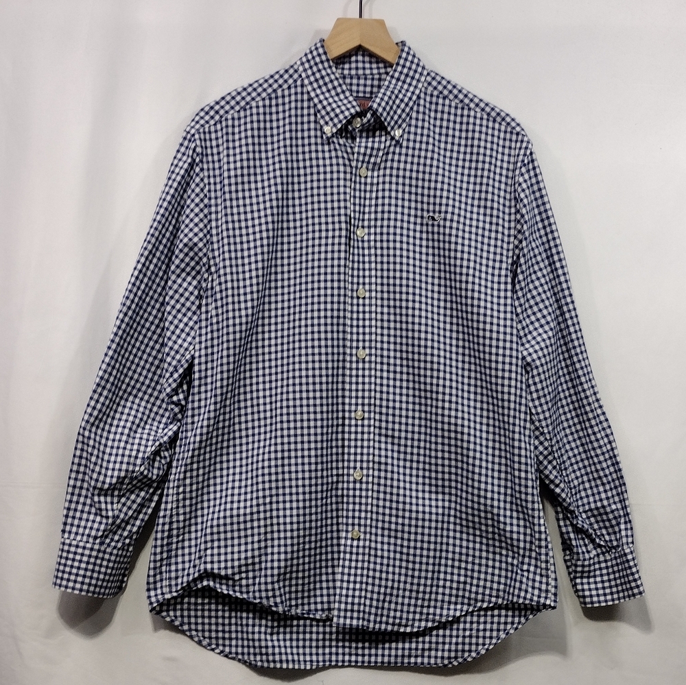 Vineyard Vines Plaid Whale Shirt Men's S Blue Retro 90s Casual Office Career